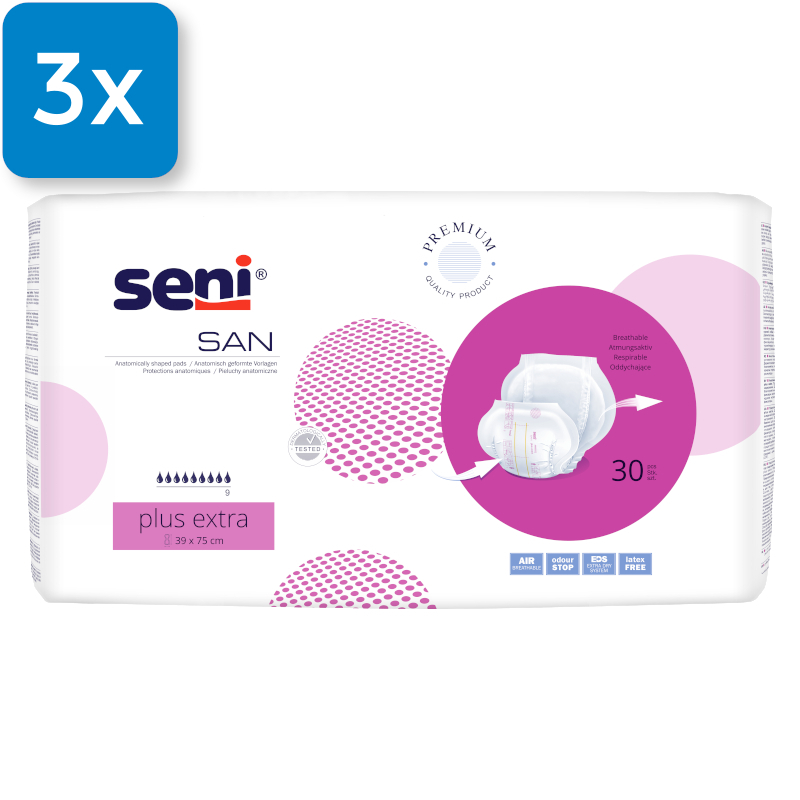 Vorderseite der Seni San Plus Extra Verpackung. Oben Links ist ein Viereck mit der Aufschrift "4x" zu sehen, welches darauf hindeutet, dass vier Packungen in einem Karton, welcher in diesem Angebot verkauft wird, enthalten sind.